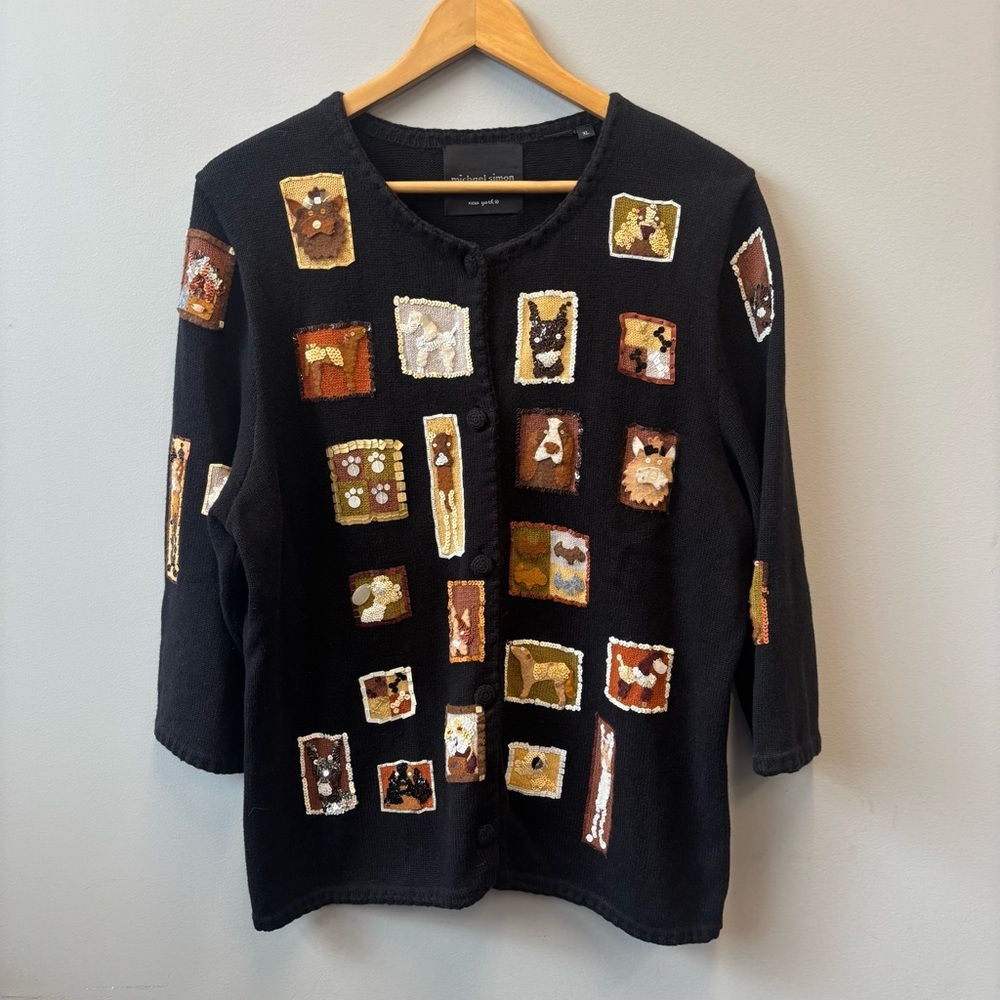 Michael Simon XL Cardigan Black Dogs Sequins Button Front Sweater